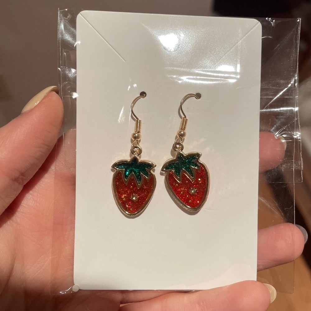 BNWT strawberry sparkly dangle earrings